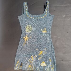 Source Unknown Blue Dress with Yellow Embroidery